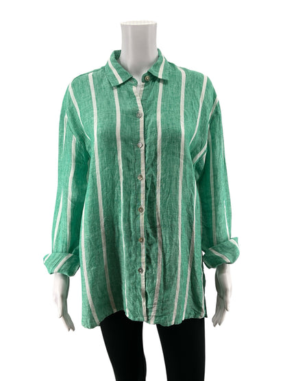Magaschoni Green/White Button Down Green &amp; White Striped 100% Linen Button Down Shirt Size Small - Size S