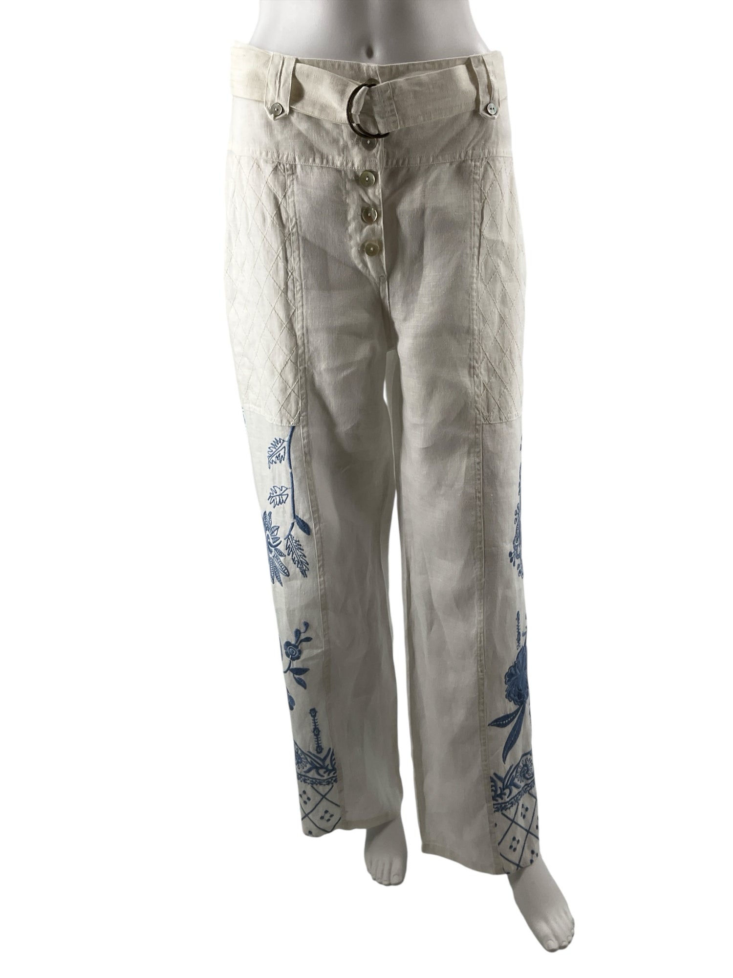 Johnny Was Terez Linen Pants White Blue Embroidered Wide Leg Boho Size XS