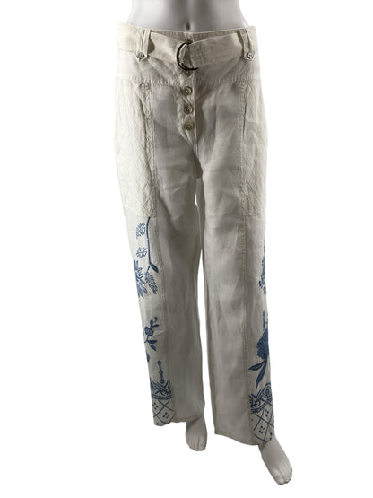 Johnny Was Terez Linen Pants White Blue Embroidered Wide Leg Boho Size XS