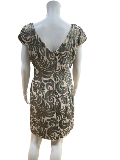 Adrianna Papell Gold &amp;amp; Tan Sequin Cap Sleeve Cocktail Dress 10 Petite