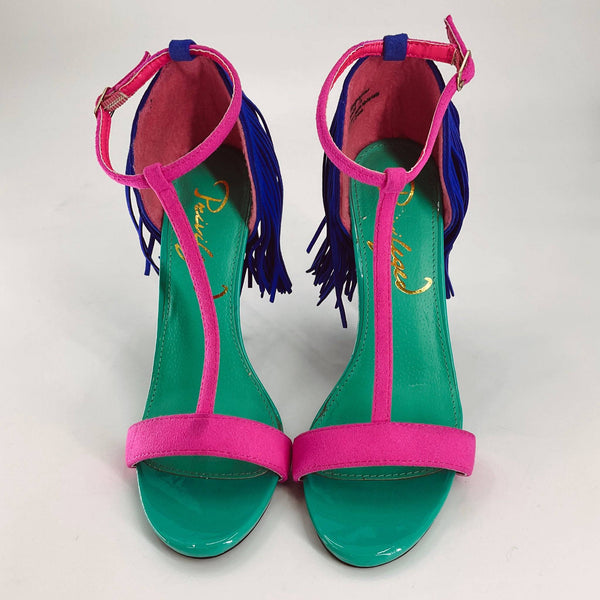 Front view of Privelage Pink/Teal/Blue Fringe Heel - Size 7.5 featuring teal footbed, pink straps, and dramatic blue fringe, pre-owned fashion heel.