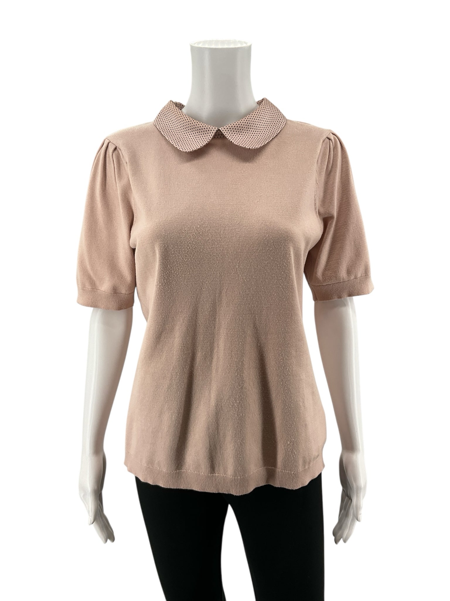 Adrianna Papell Pink Short Sleeve Pink Polka Dot Peter Pan Collar Puff Knit Top Size Medium - Size M