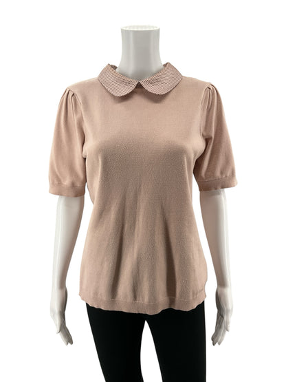 Adrianna Papell Pink Short Sleeve Pink Polka Dot Peter Pan Collar Puff Knit Top Size Medium - Size M