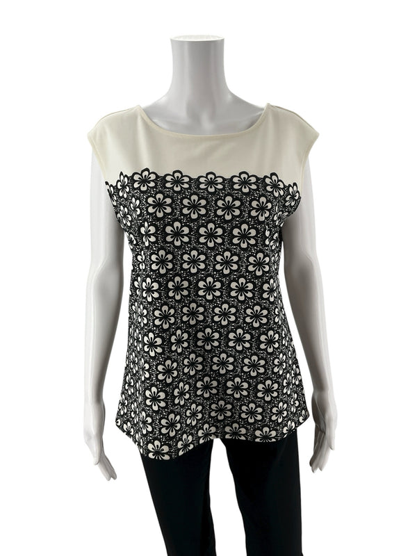 Ann Taylor Cream/Black Floral Pre-Owned Ladies Top - Size Medium