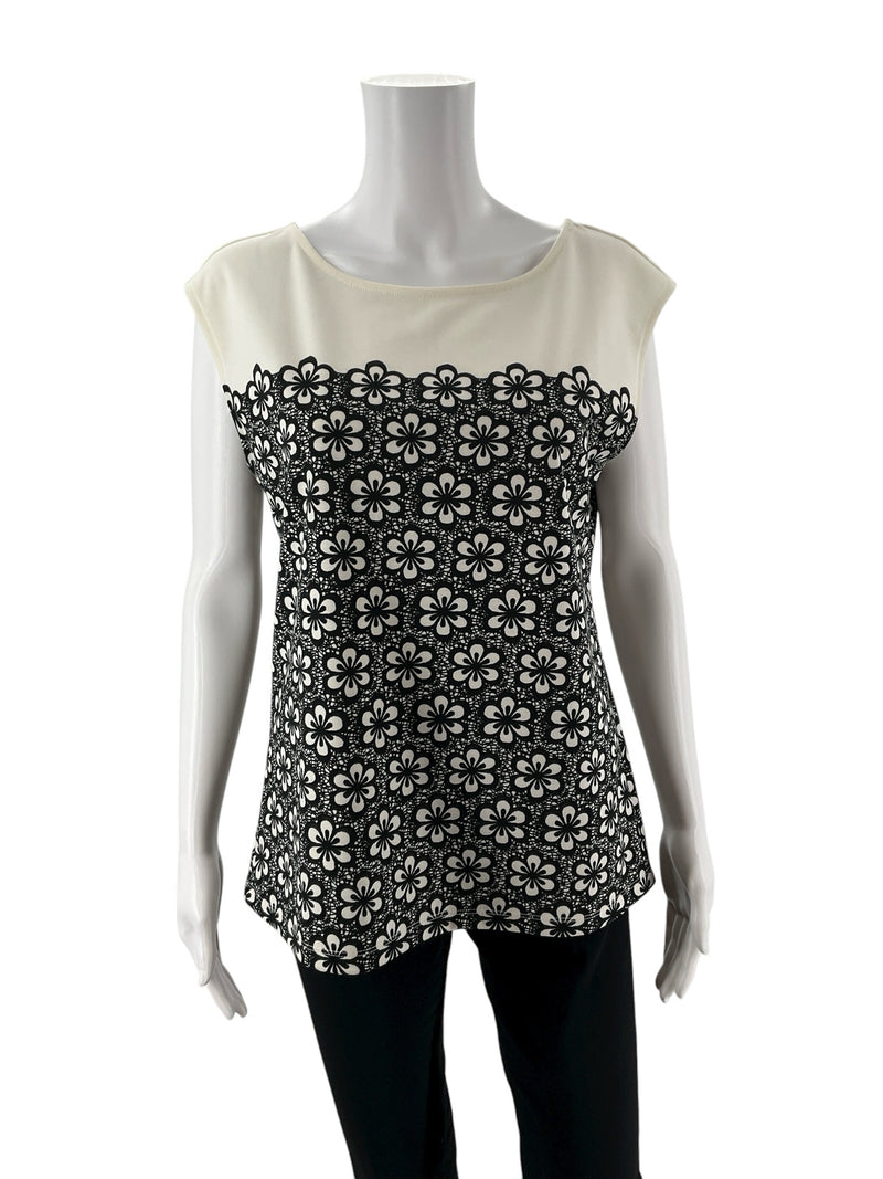 Ann Taylor Cream/Black Floral Pre-Owned Ladies Top - Size Medium