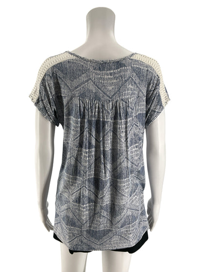 THML Blue &amp; White Crochet Yoke Abstract Print Top | Size Small - ONLINE ONLY