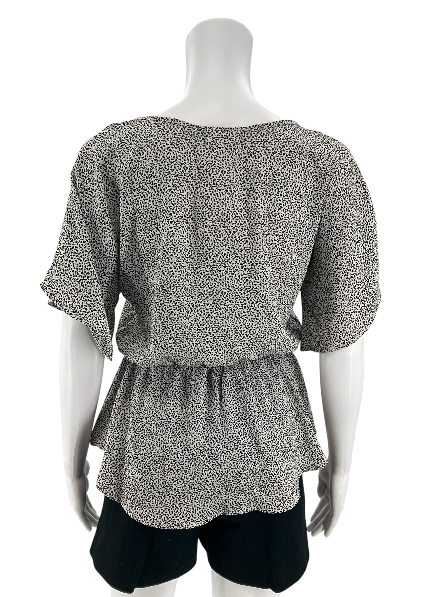 Sienna Sky Dotted Print Peplum Blouse White Black Short Sleeve Top Size Small