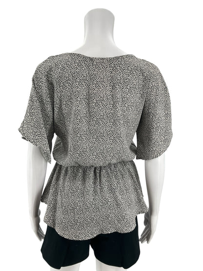 Sienna Sky Dotted Print Peplum Blouse White Black Short Sleeve Top Size Small
