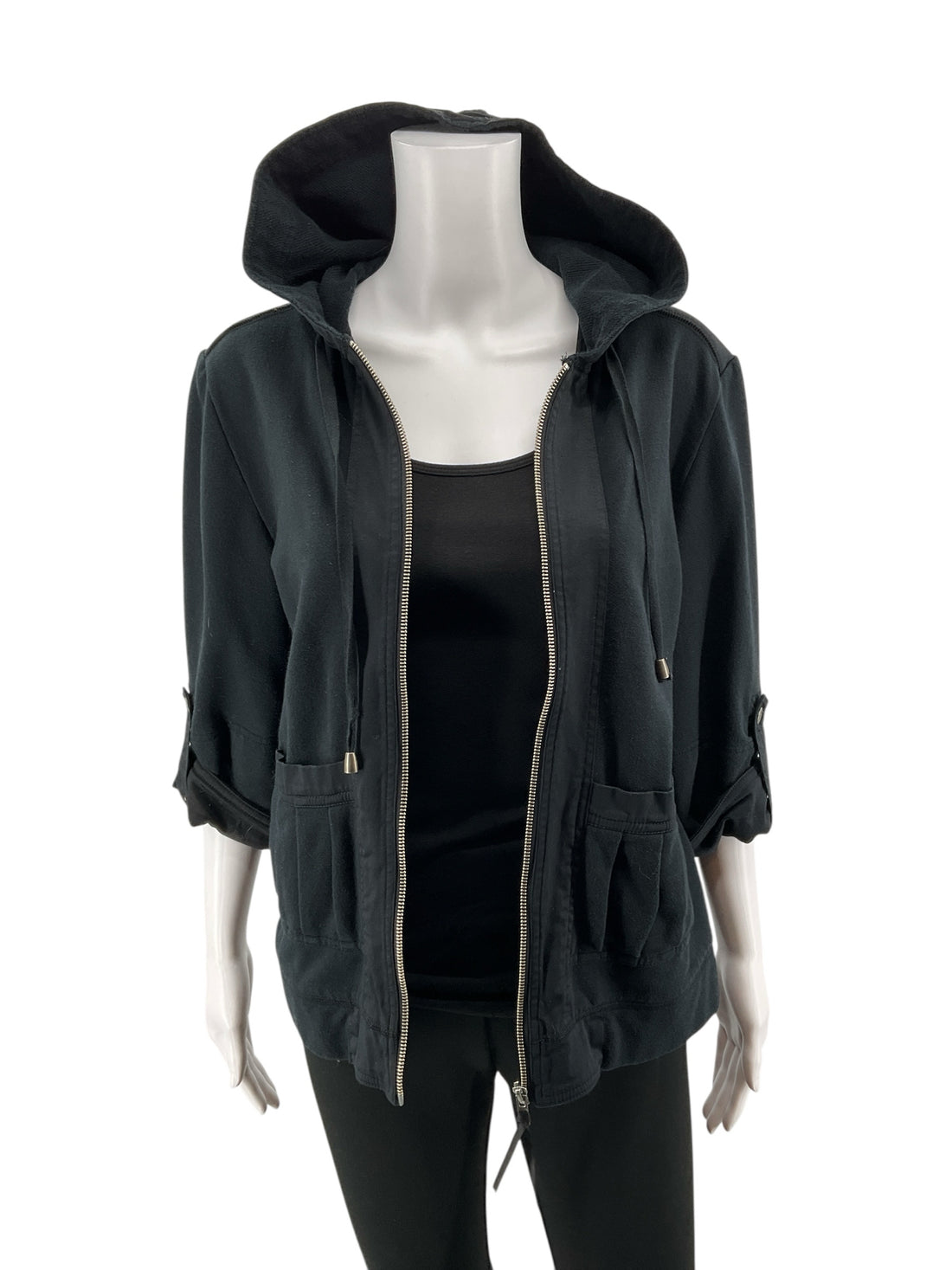 Cynthia Max Black Cotton Hooded Utility Jacket Size Medium