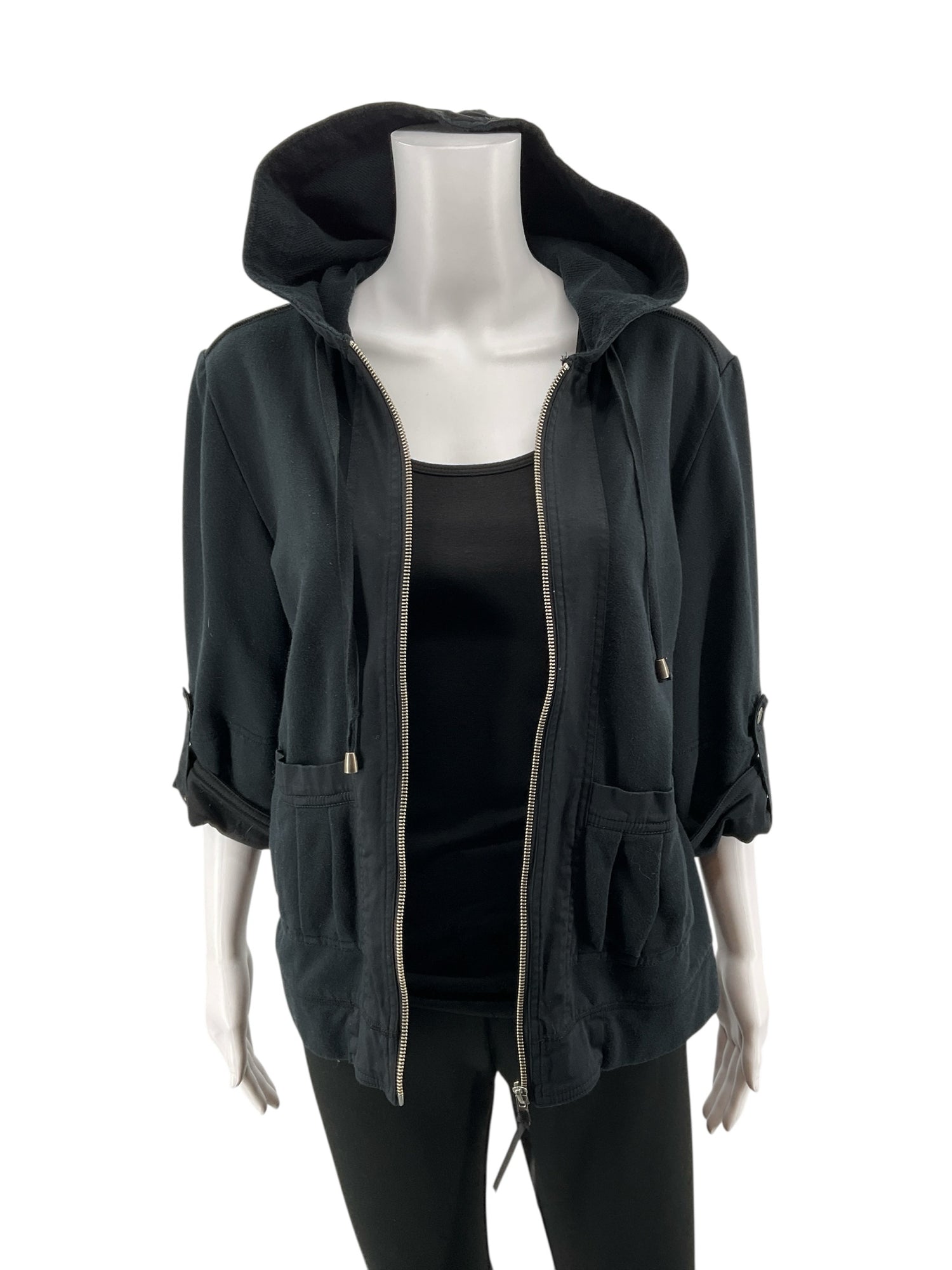 Cynthia Max Black Cotton Hooded Utility Jacket Size Medium