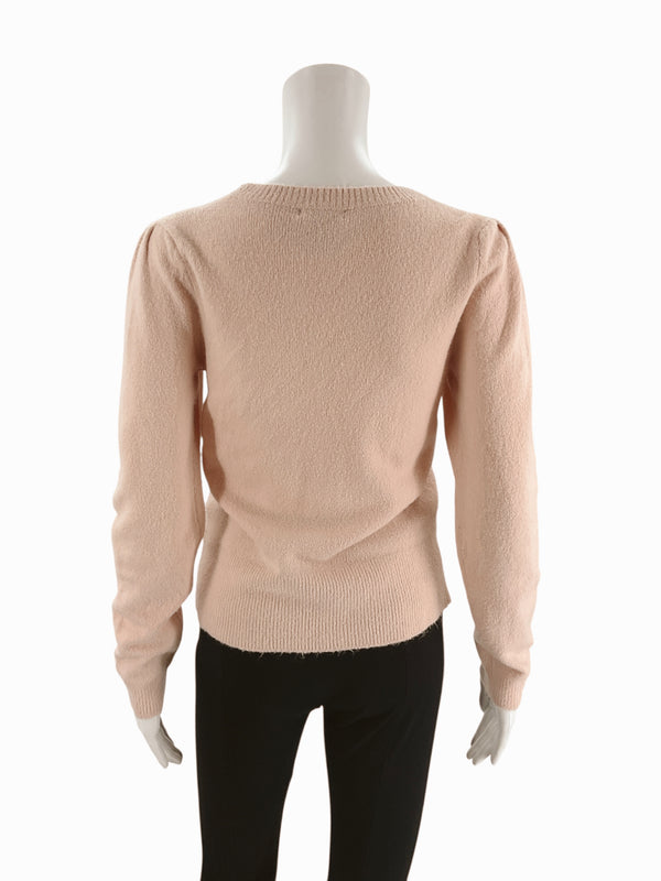 Back view of Halogen blush pink knit sweater top, size XS. Lightweight long sleeve design ideal for layering or casual outfits.
