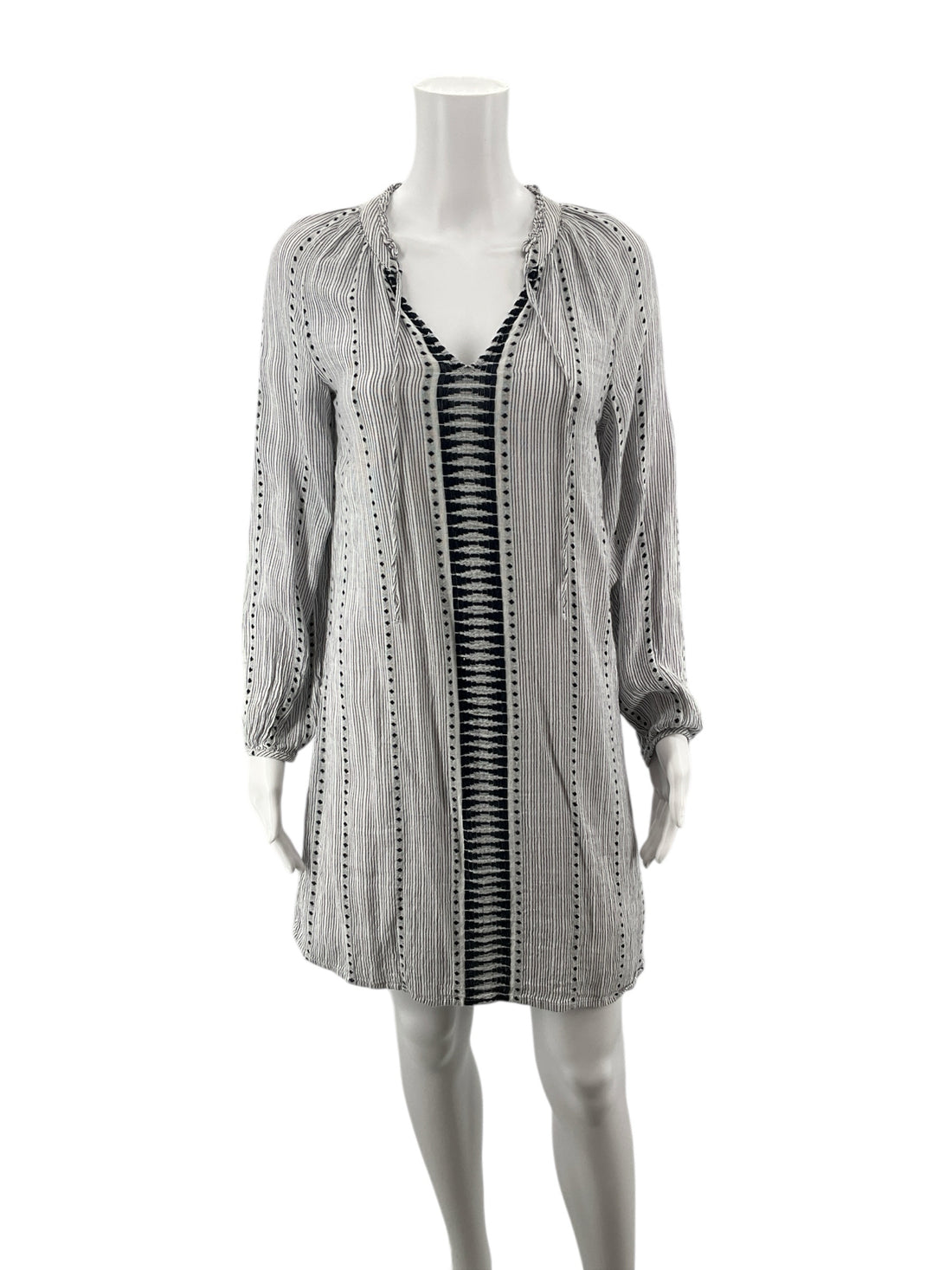 Lucky Brand white/navy Long Sleeve Embroidered Tassel Tunic Dress XS White Navy Stripe Boho Long Sleeve - Size XS