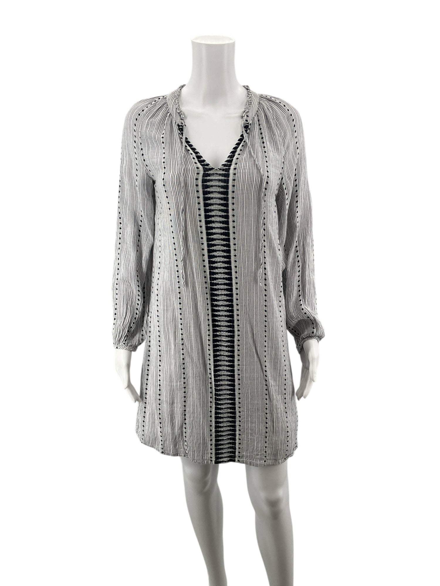 Lucky Brand white/navy Long Sleeve Embroidered Tassel Tunic Dress XS White Navy Stripe Boho Long Sleeve - Size XS