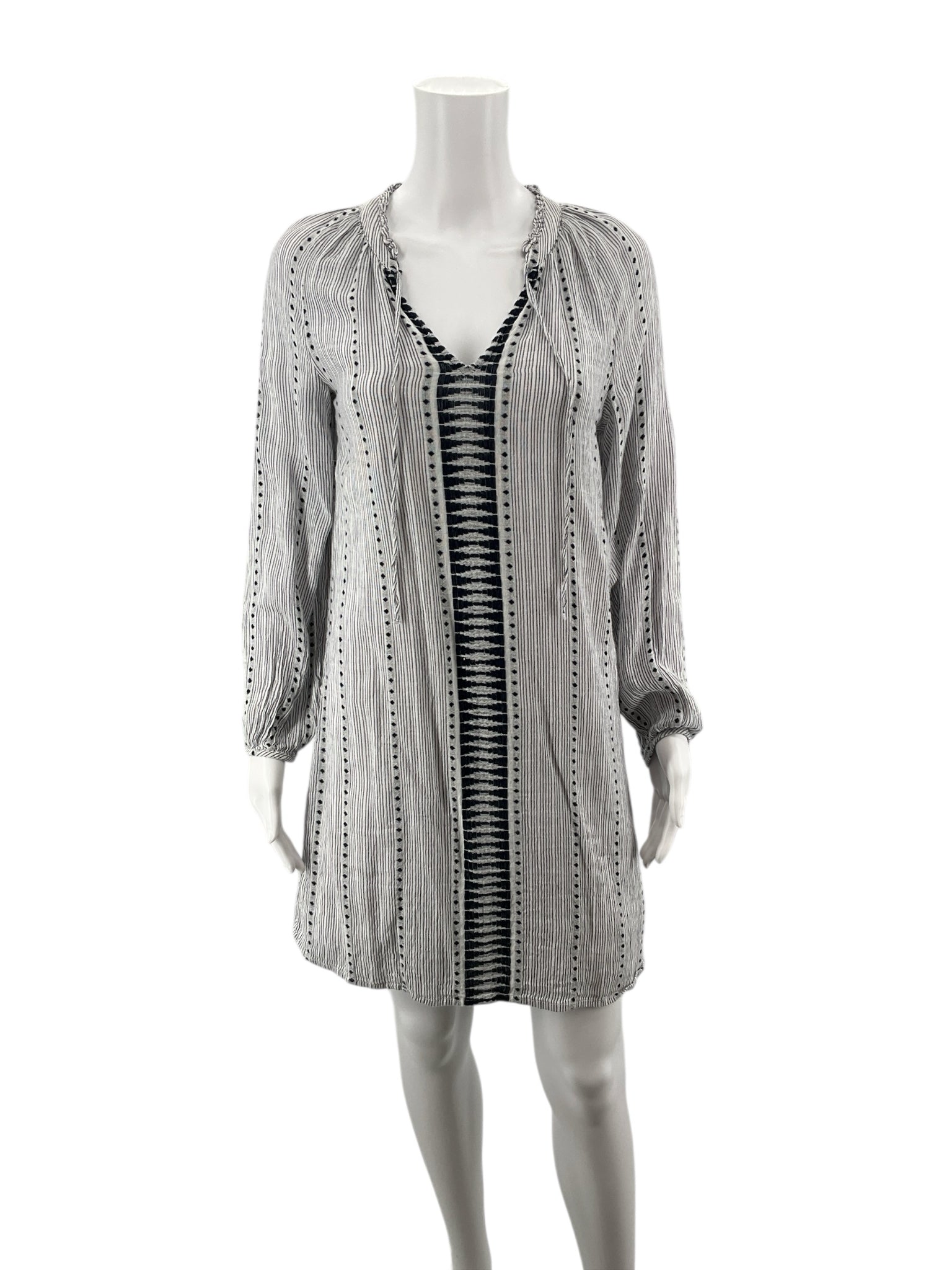 Lucky Brand white/navy Long Sleeve Embroidered Tassel Tunic Dress XS White Navy Stripe Boho Long Sleeve - Size XS