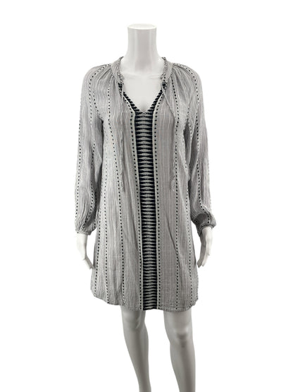 Lucky Brand white/navy Long Sleeve Embroidered Tassel Tunic Dress XS White Navy Stripe Boho Long Sleeve - Size XS
