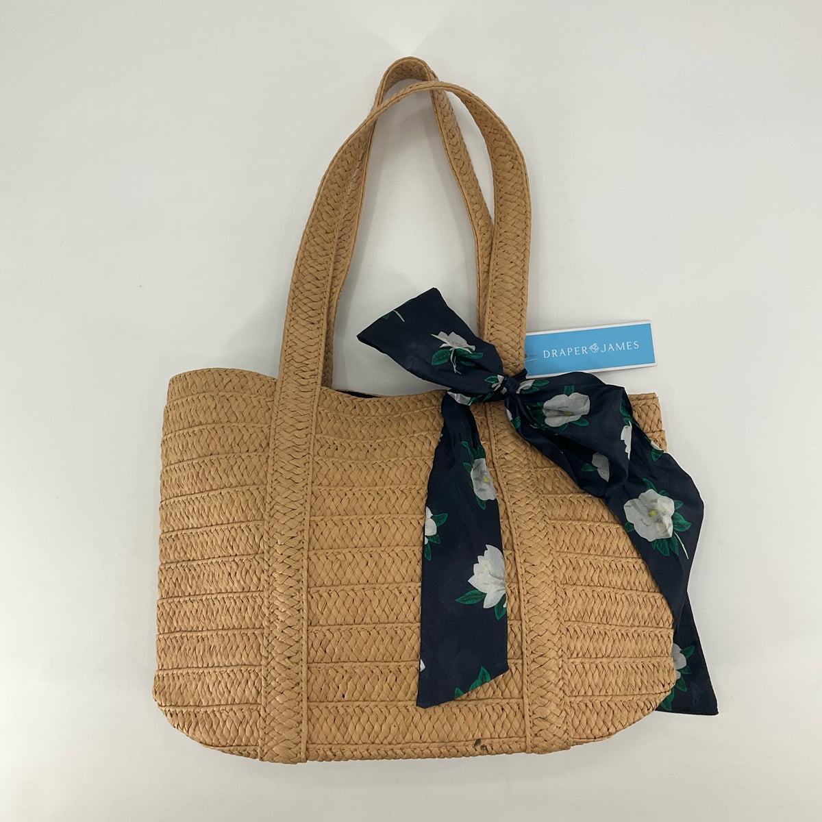 Draper James Woven Straw Tote Bag with Magnolia Scarf - Tan &amp; Navy