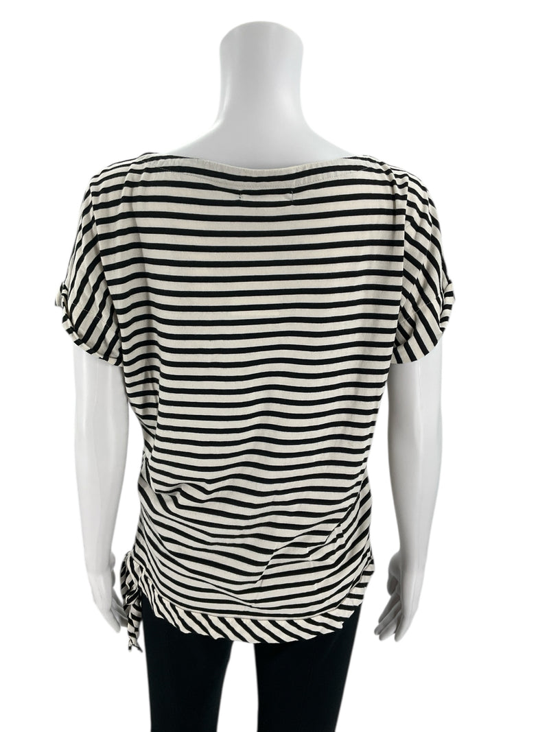Back view of Ralph Lauren White/Black Stripe Pre-Owned Casual Top - Size Small, showcasing relaxed fit and horizontal stripe pattern.