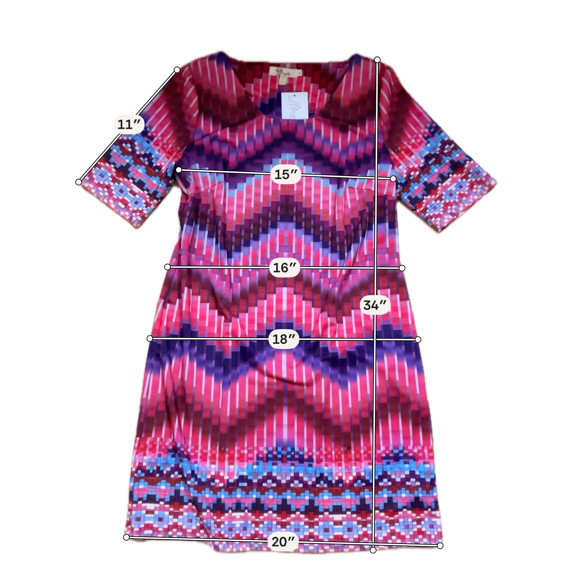 Aryeh Abstract Pixel Print Shift Dress Size Large | Pink Blue Geometric Stretch Knit