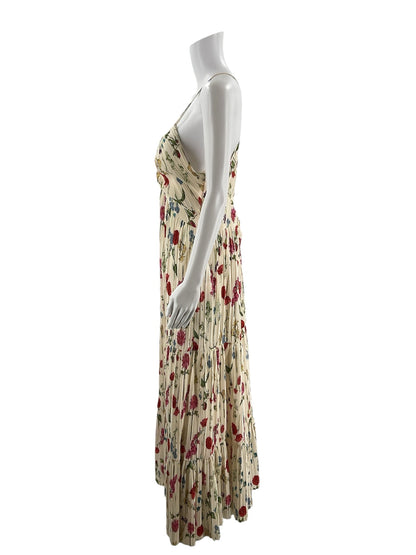 H&amp;M cream floral maxi dress with pleated tiered skirt, open back, and V-neck, size large for women.