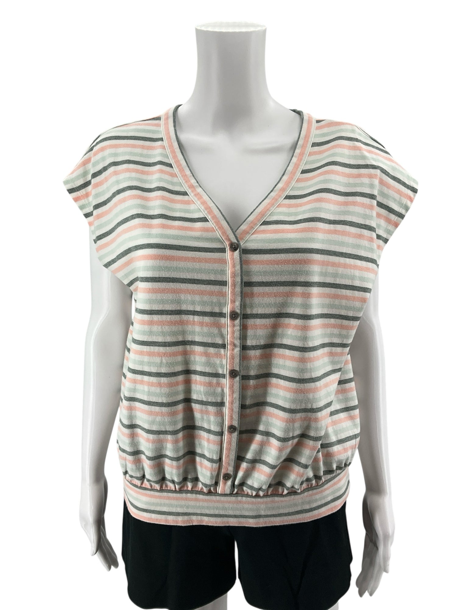 LOFT Outlet Striped Button-Front Top V-Neck Cap Sleeve Blouse Size Large Petite LP