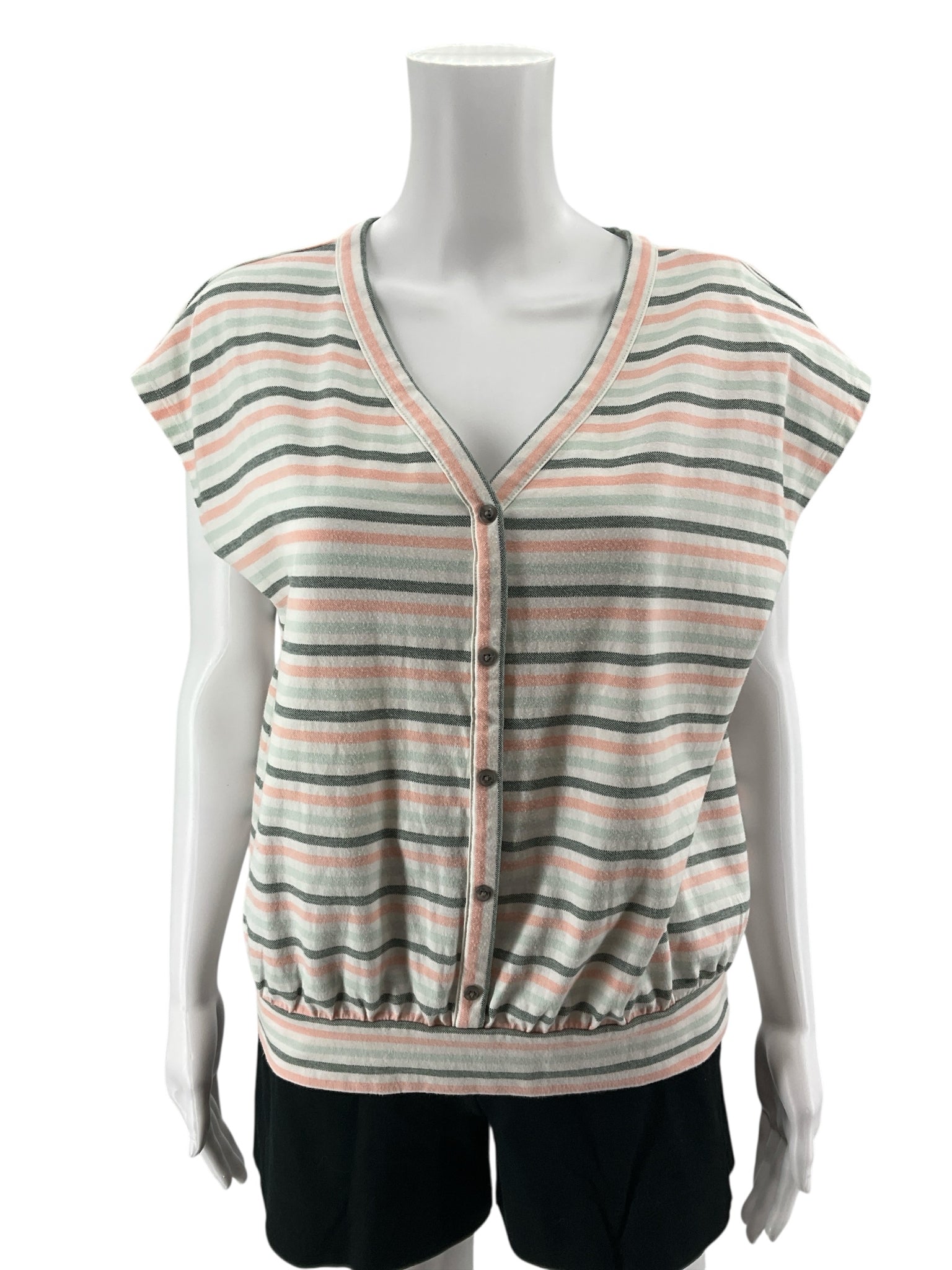 LOFT Outlet Striped Button-Front Top V-Neck Cap Sleeve Blouse Size Large Petite LP