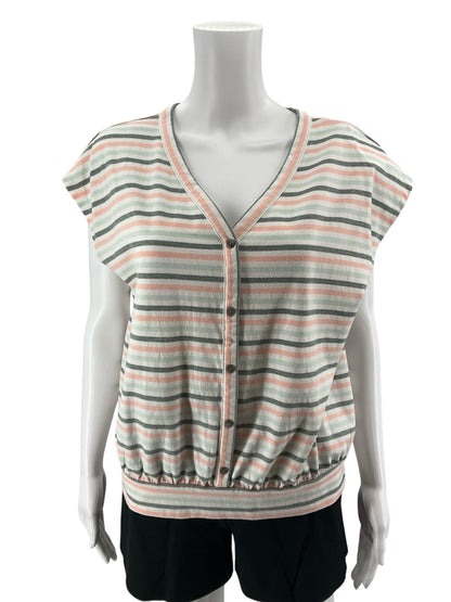 LOFT Outlet Striped Button-Front Top V-Neck Cap Sleeve Blouse Size Large Petite LP