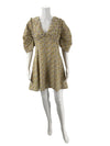 Anthropologie Cream/Yellow/Orange Floral Dress - Size 10 with puff sleeves and V-neckline, ideal for spring events or casual outings.