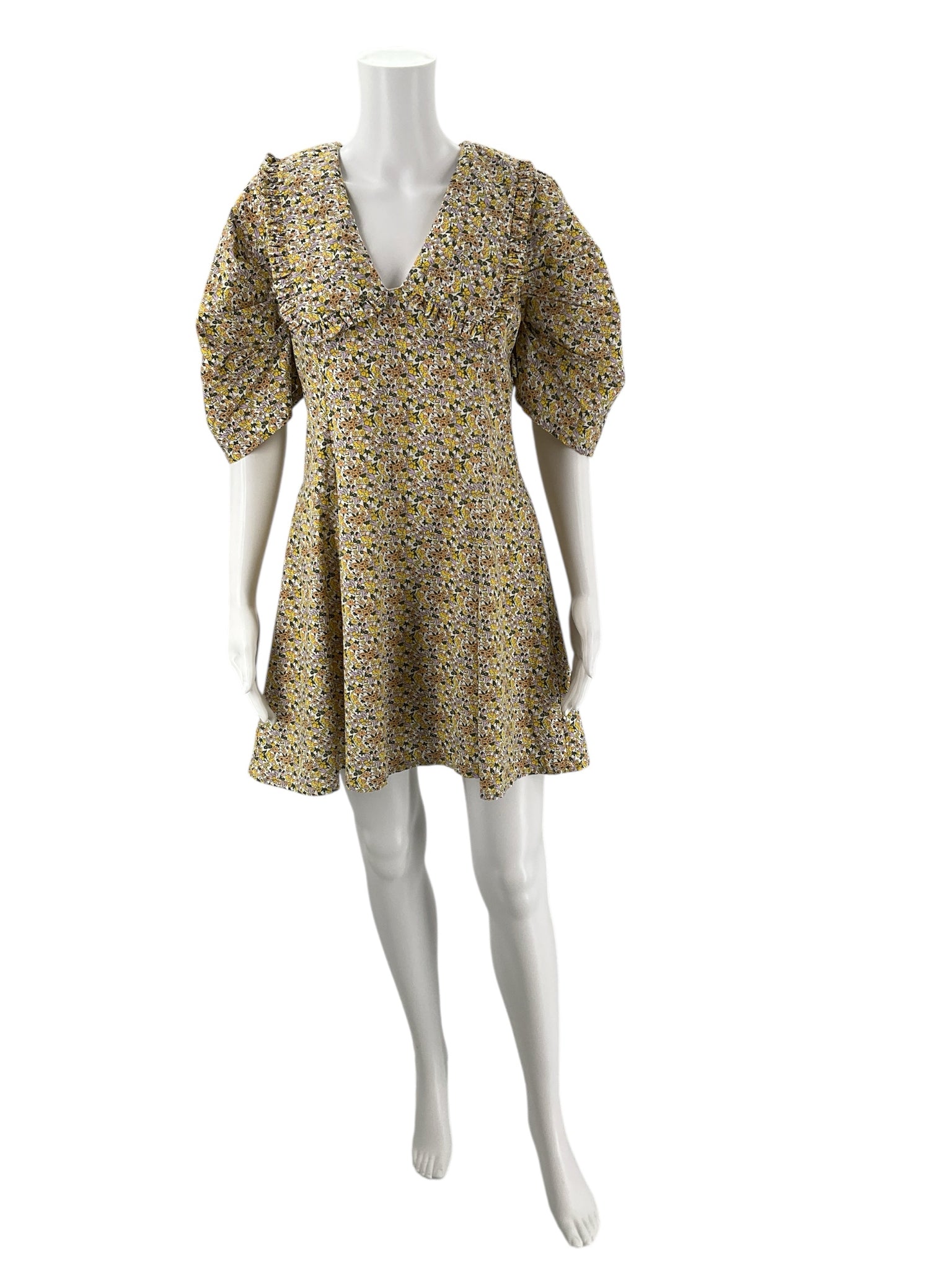 Anthropologie Cream/Yellow/Orange Floral Dress - Size 10 with puff sleeves and V-neckline, ideal for spring events or casual outings.