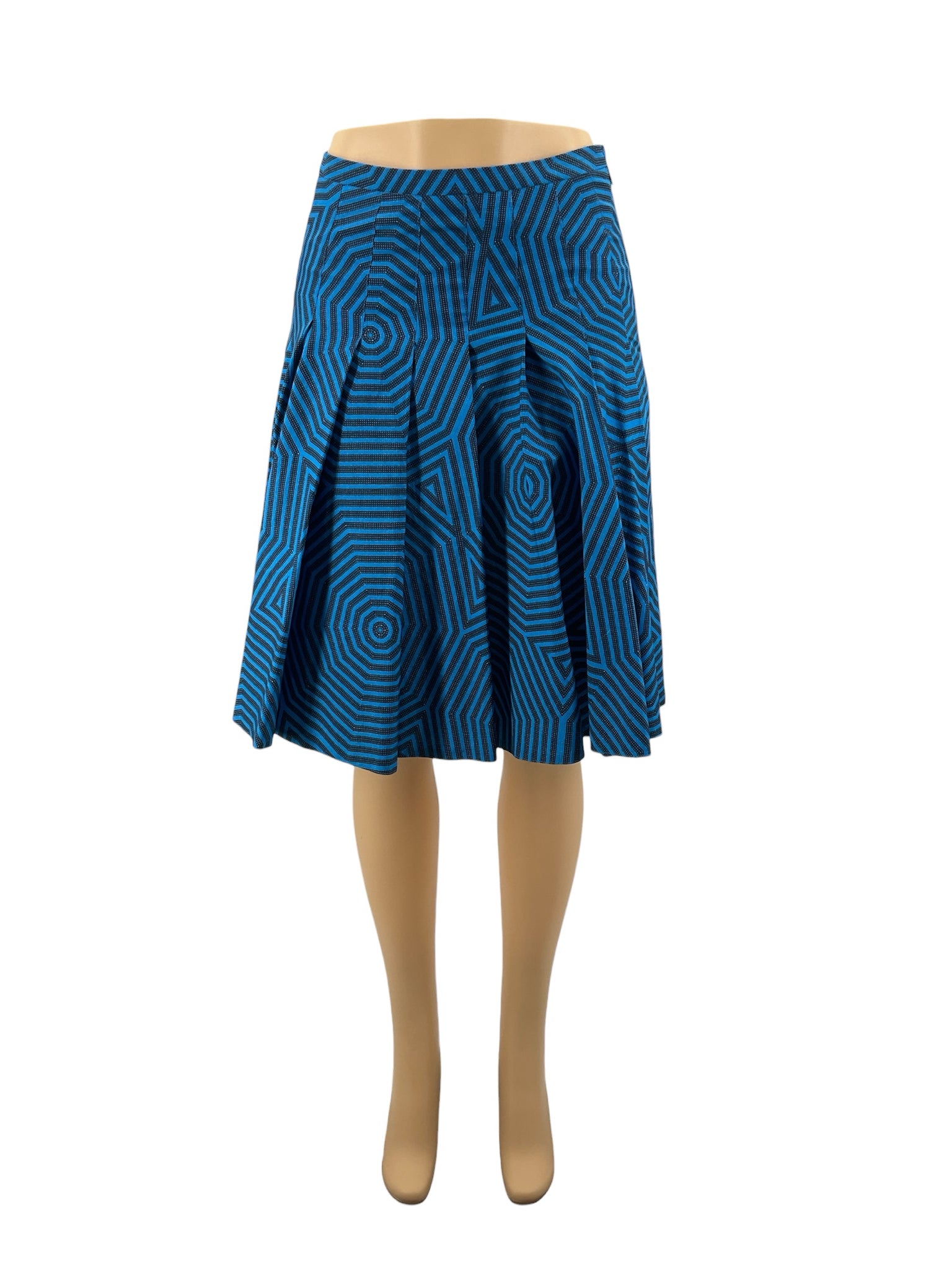 Akris punto Geometric Op Art Print Pleated A-Line Skirt Blue Black Cotton US 4