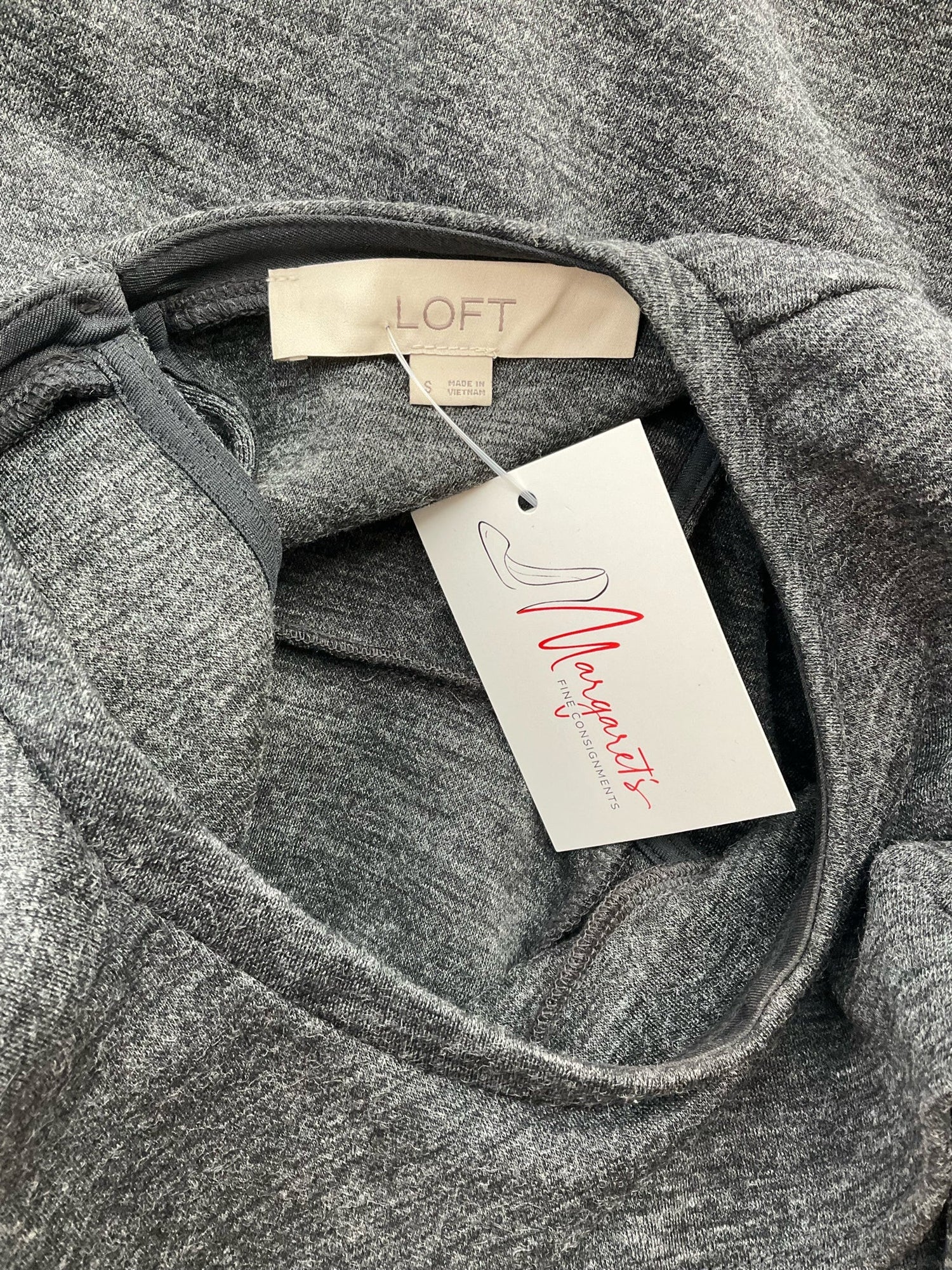 Gray heathered LOFT cold shoulder A-line dress with ruffle details and keyhole back, size small, shown on a mannequin.