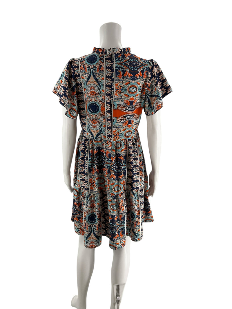 No Brand Orange/Navy Print Pre-Owned Ladies Dress - Size Medium - Margaret’s Fine Consignment