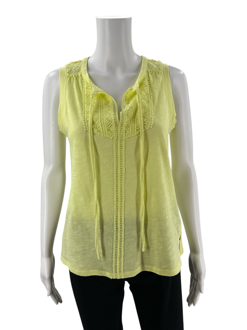 Front view of Rafaella Yellow Pre-Owned Ladies Top - Size S on mannequin, showcasing bohemian crochet lace and v-neck tie detail.
