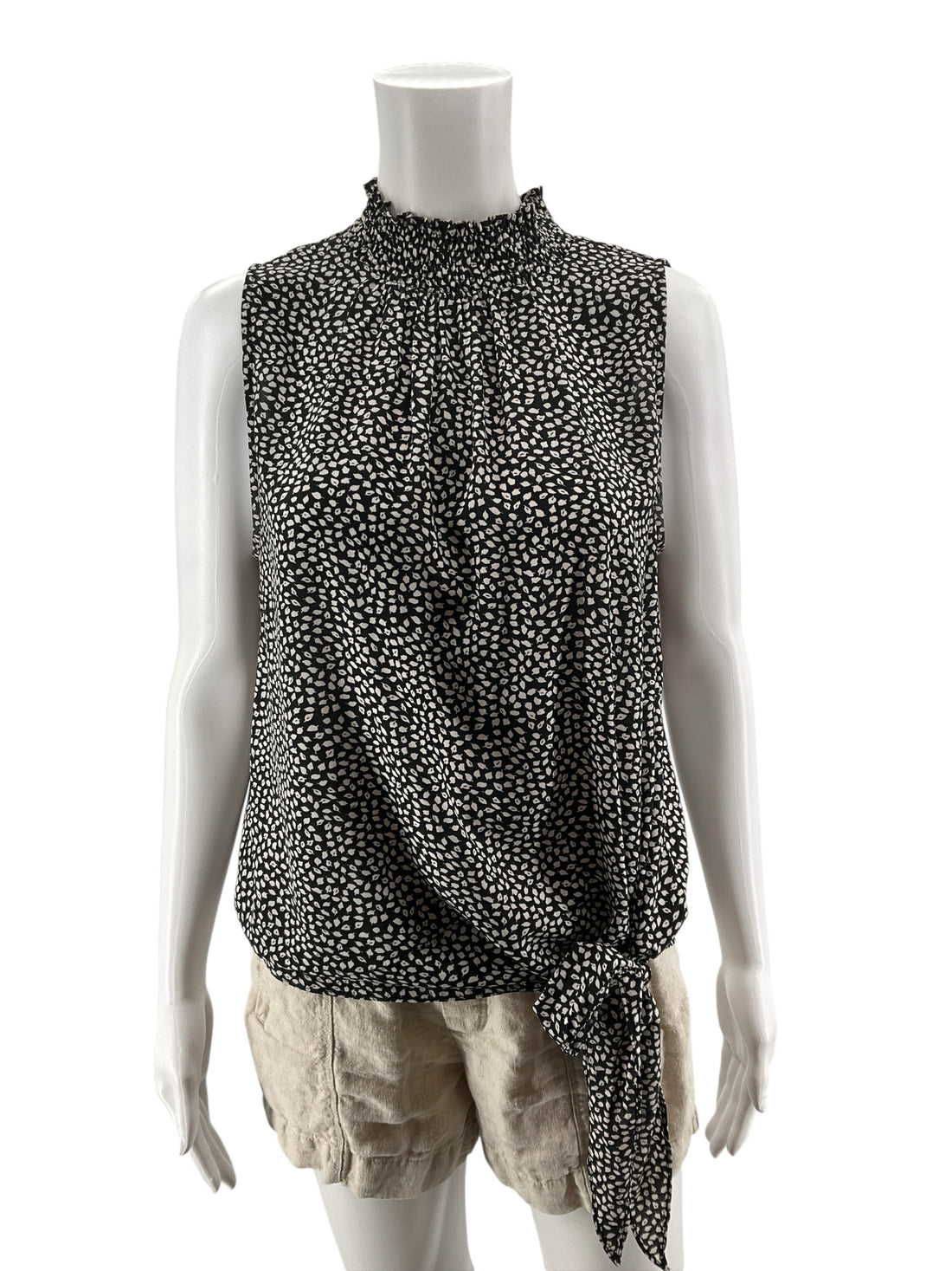 She + Sky Smocked Mock Neck Leaf Print Tie Hem Blouse Size Medium