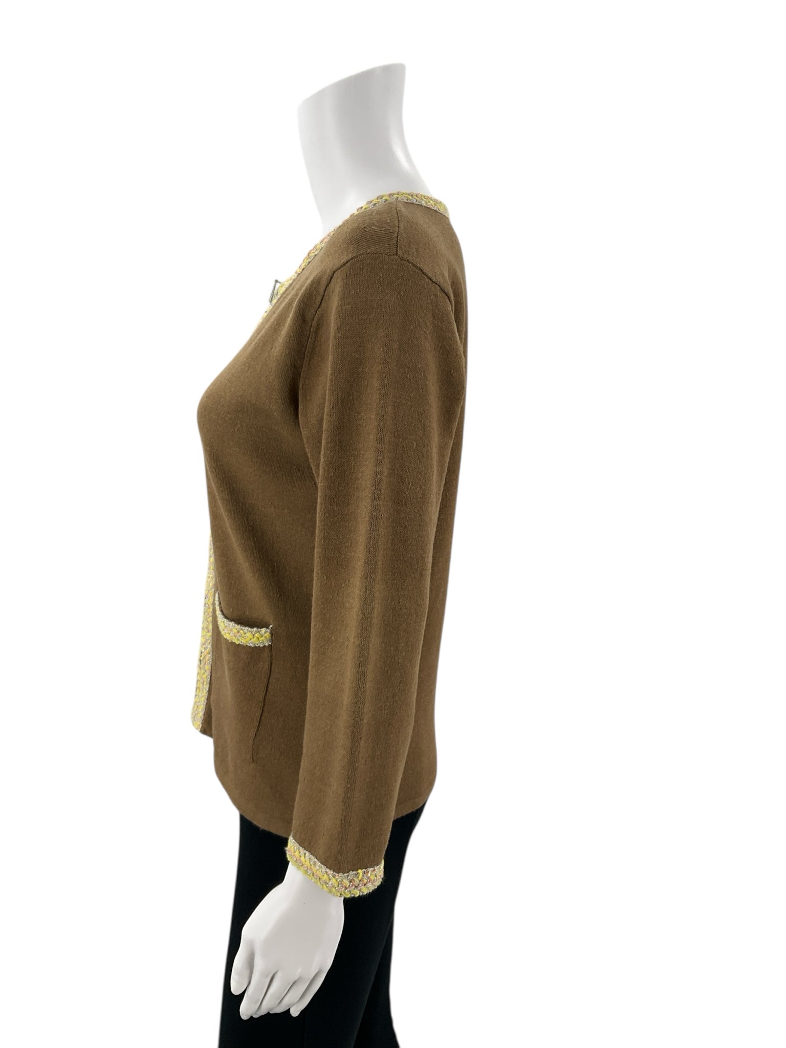 Side profile of Don Caster Brown Zp Up Top - Size Medium highlighting the structured fit and tweed trim on hem and sleeves.