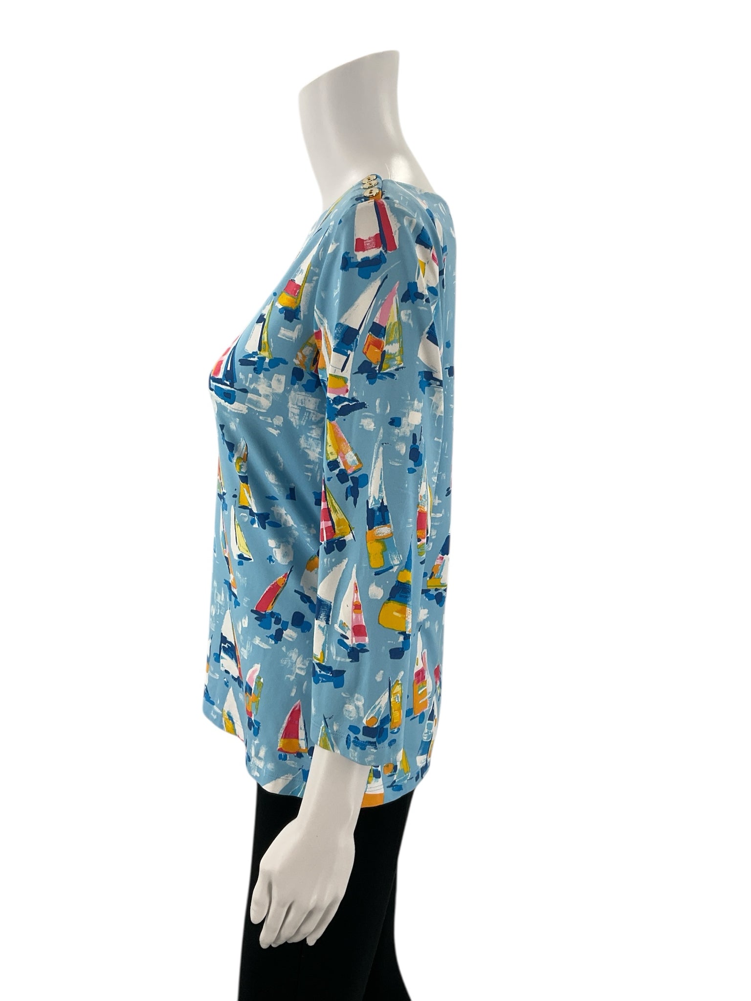 Side profile of J Mclaughlin Blue/Multi Sailboats Top - Size Medium featuring lightweight fabric and colorful nautical print for casual wear.