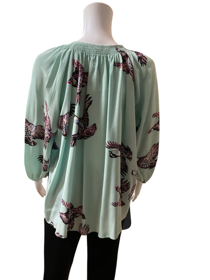 Tucker Bird Print 100% Silk Smocked Blouse | Size Medium