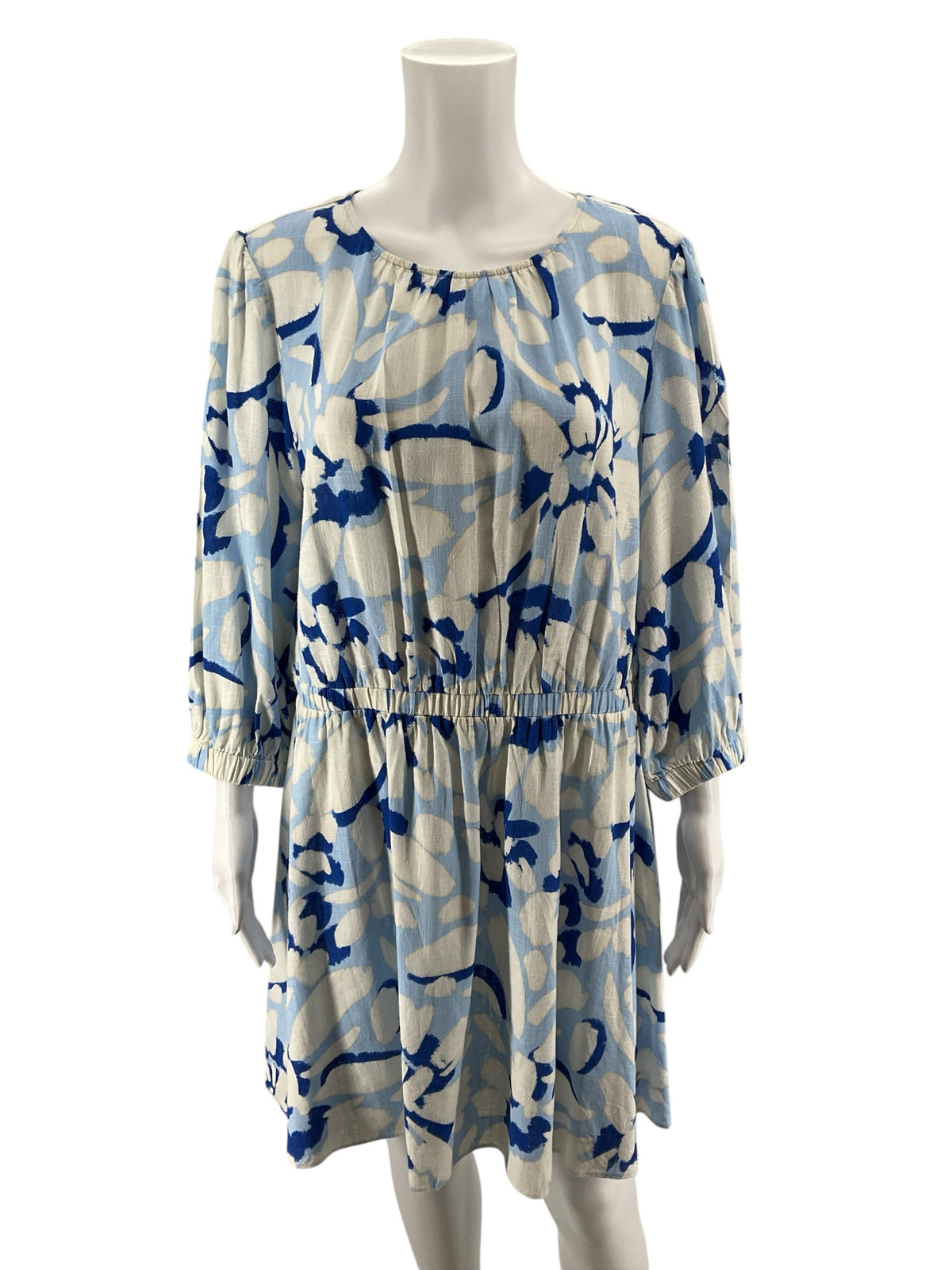 LOFT Floral Puff Sleeve Rayon Linen Blend Dress Blue White Size Large - ONLINE ONLY