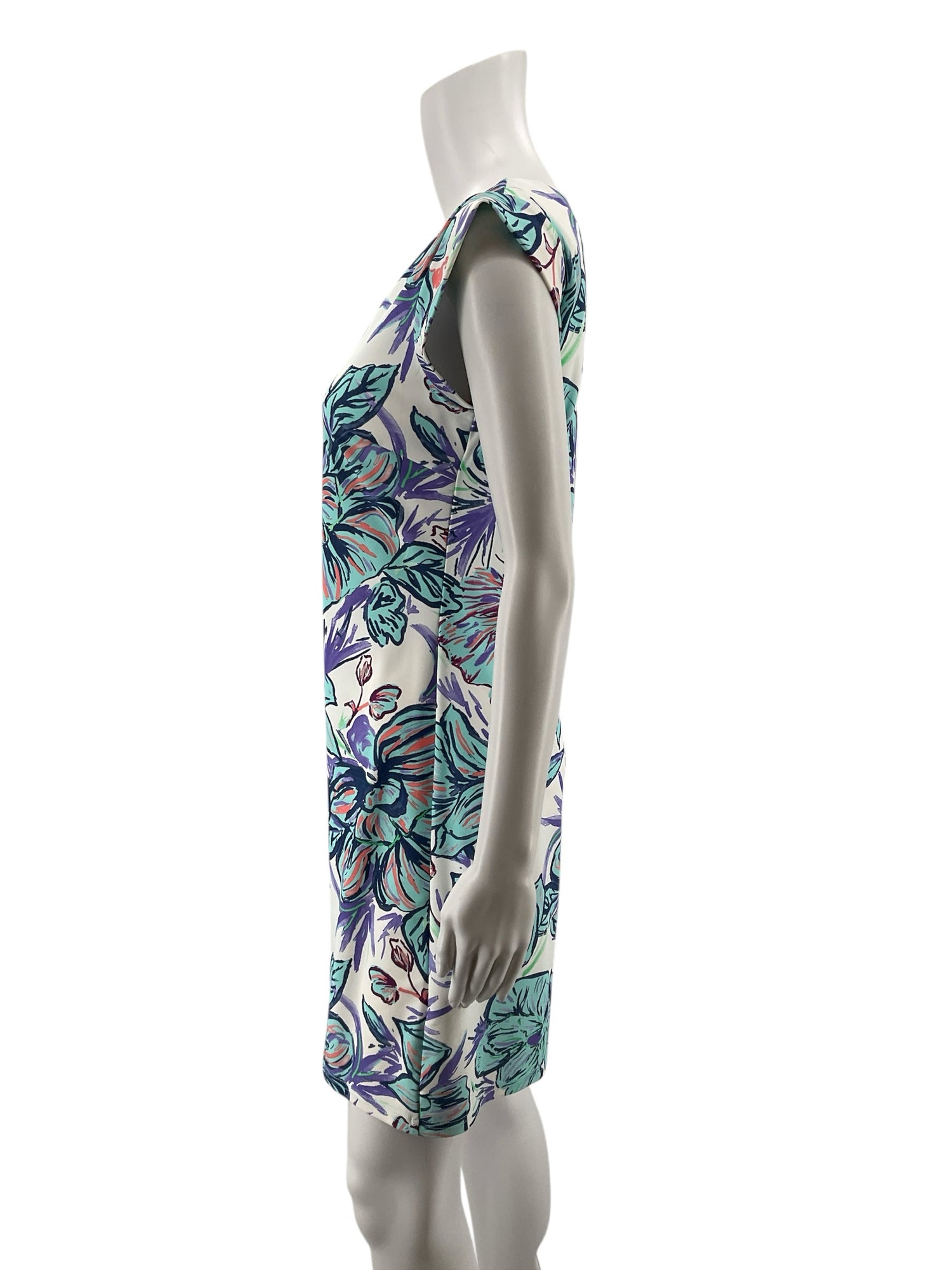 Aryeh Floral Cap Sleeve A-Line Shift Dress White Aqua Blue Size Small