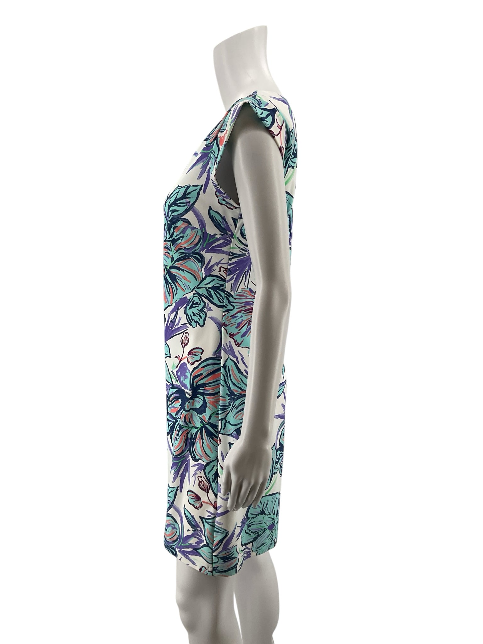 Aryeh Floral Cap Sleeve A-Line Shift Dress White Aqua Blue Size Small