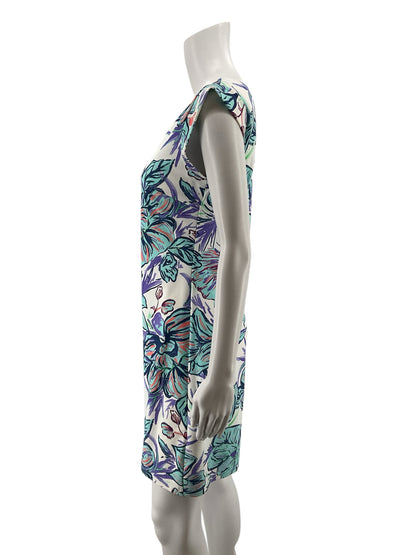 Aryeh Floral Cap Sleeve A-Line Shift Dress White Aqua Blue Size Small