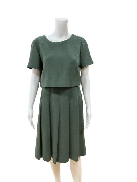 Lafayette 148 New York Green Wool Crepe Pleated Midi Dress Size 6