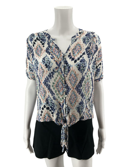 Lovestitch Boho Ikat Print Tie Front Top Blouse Medium Petite