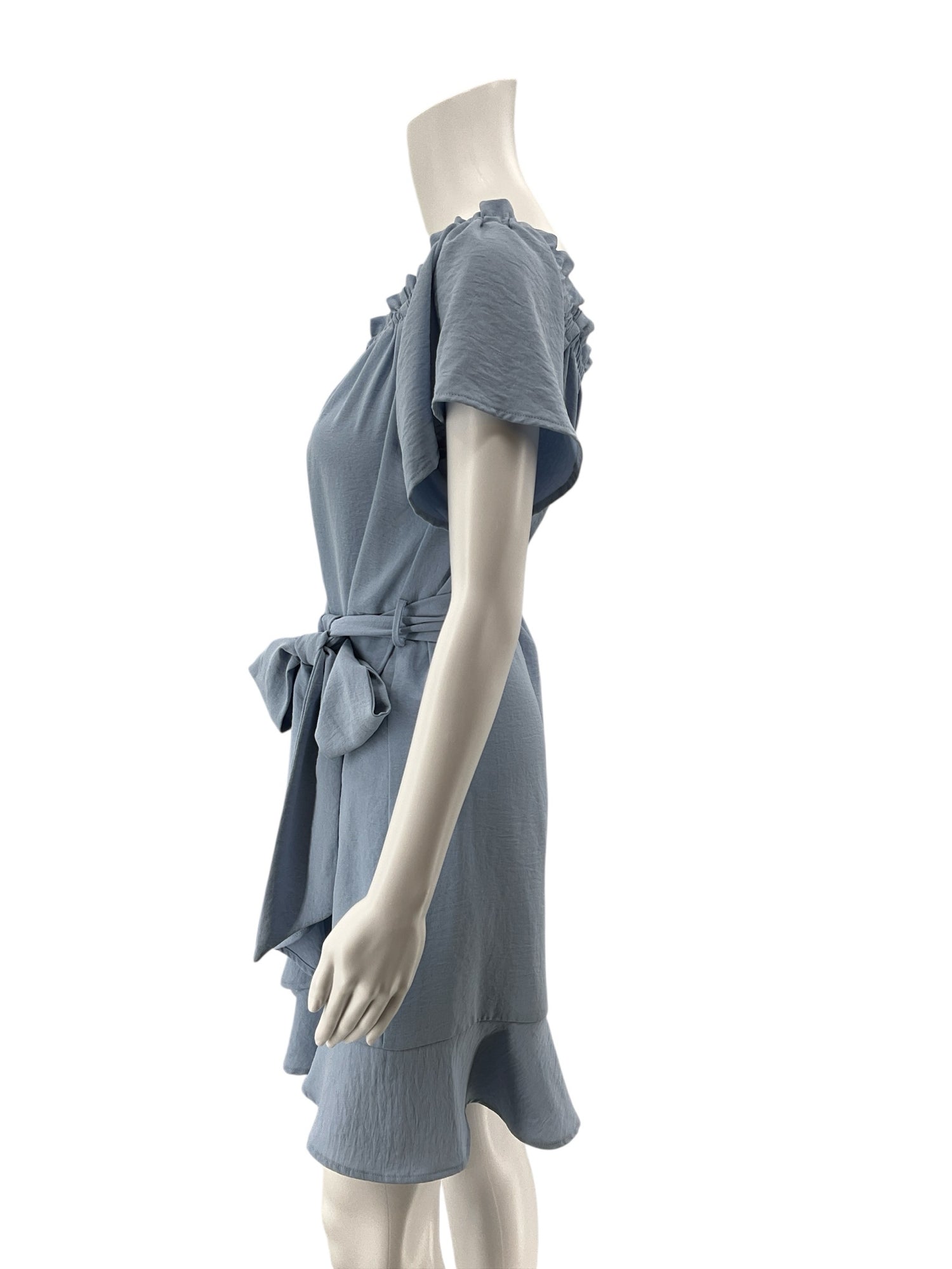 Entro Baby Blue Off-Shoulder Flutter Sleeve Ruffle Mini Dress | Size Large