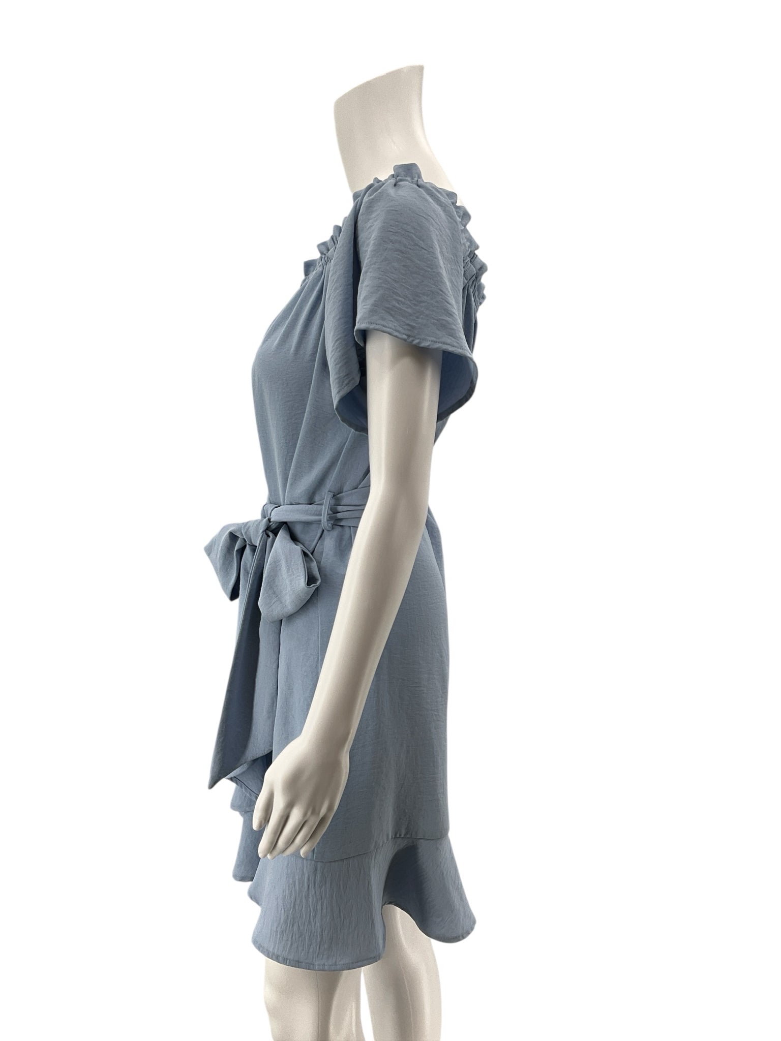 Entro Baby Blue Off-Shoulder Flutter Sleeve Ruffle Mini Dress | Size Large