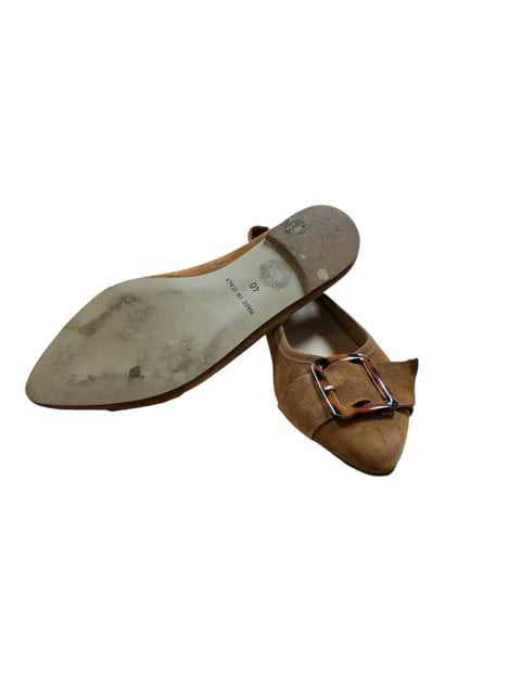 Aquazzura Mondaine Suede Pointed Toe Flats Tortoiseshell Buckle Brown EU 40