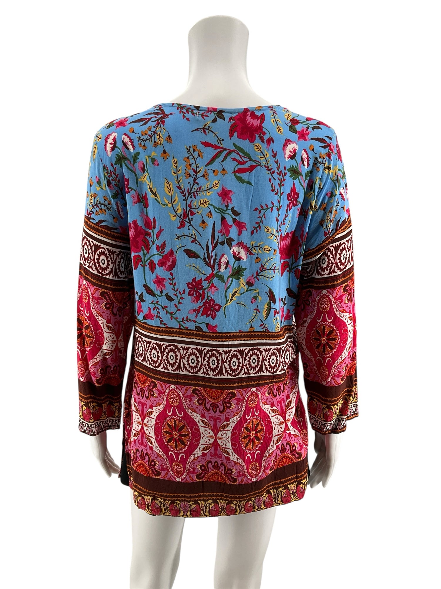 Aziza Blue Pink Floral Tassel Tie Bohemian Tunic Top Size Large