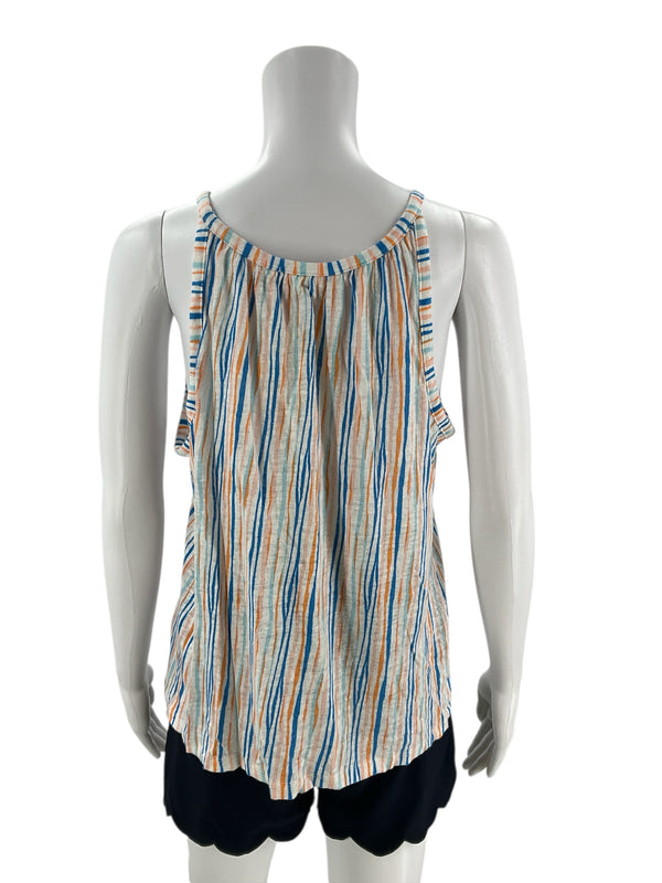 Back view of Christian Siriano Stripe Top | Pre-Owned Size Large showing racerback cut and lightweight linen fabric in multicolor stripes.