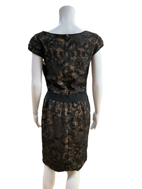 Tadashi Shoji Black &amp; Tan Floral Lace Cap Sleeve Sheath Dress Size 6