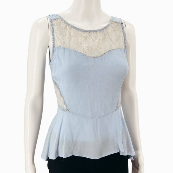 Front view of Lush Blue/Tan Lace Top Size Small featuring lace panels and peplum silhouette, sold by Margaret’s Fine Consignments.