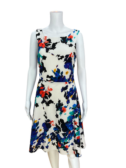 Betsey Johnson white/blue/orange Fit and Flare Floral Fit &amp; Flare Sundress V-Back Size 12 - Size 12